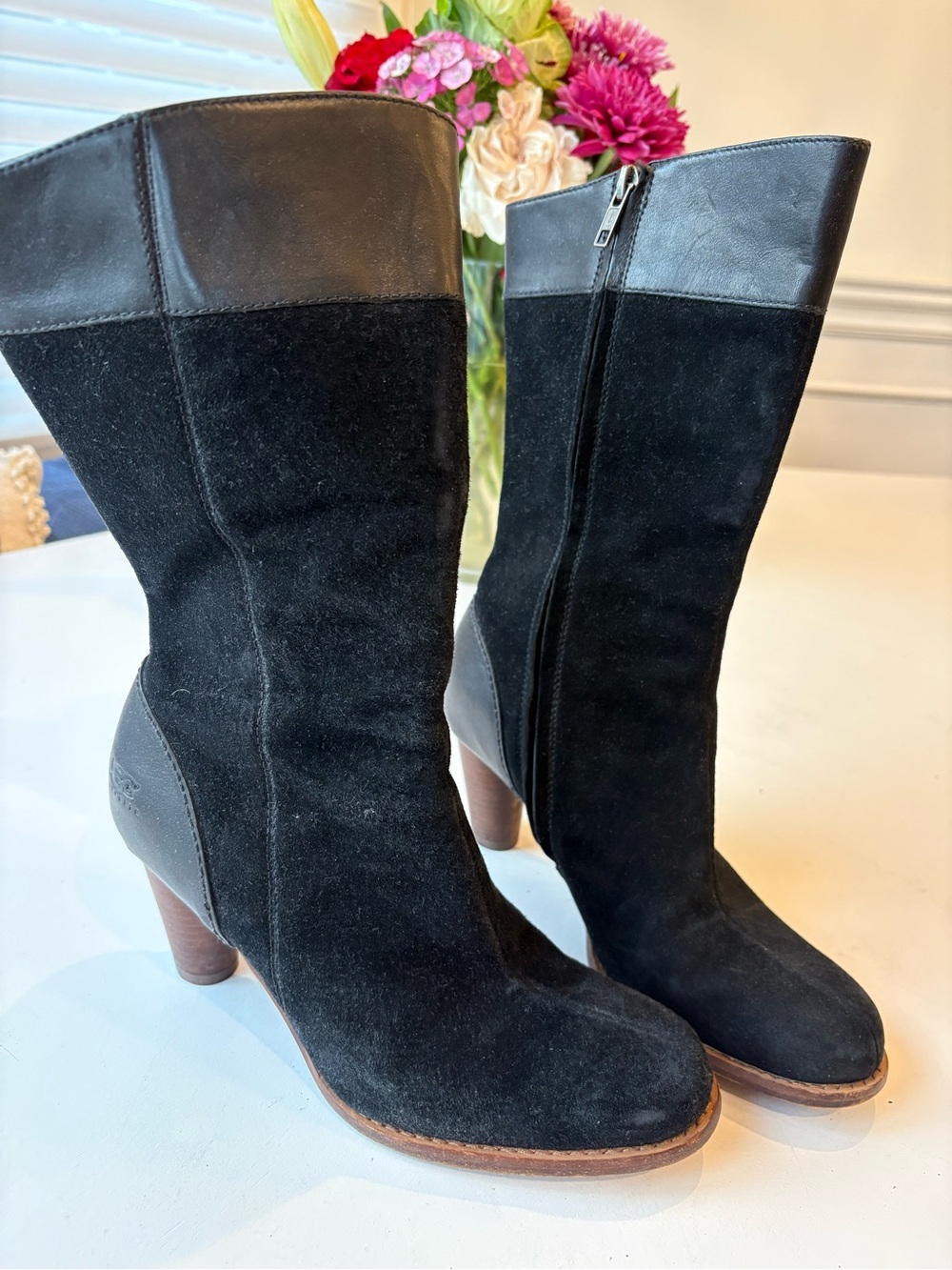 UGG Black Suede Mid-Calf Heeled Boots